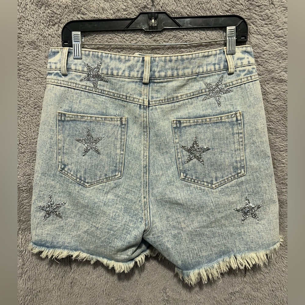 Blue B Denim Shorts Womens Large Fringe Rhinestone Cut Off Stars High Rise Jean - Picture 4 of 11